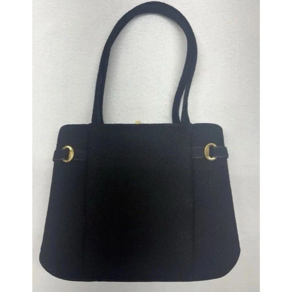 Vintage Crown Lewis Wool/Felt Handbag Purse Black 1940s-50s Gold Accents EUC